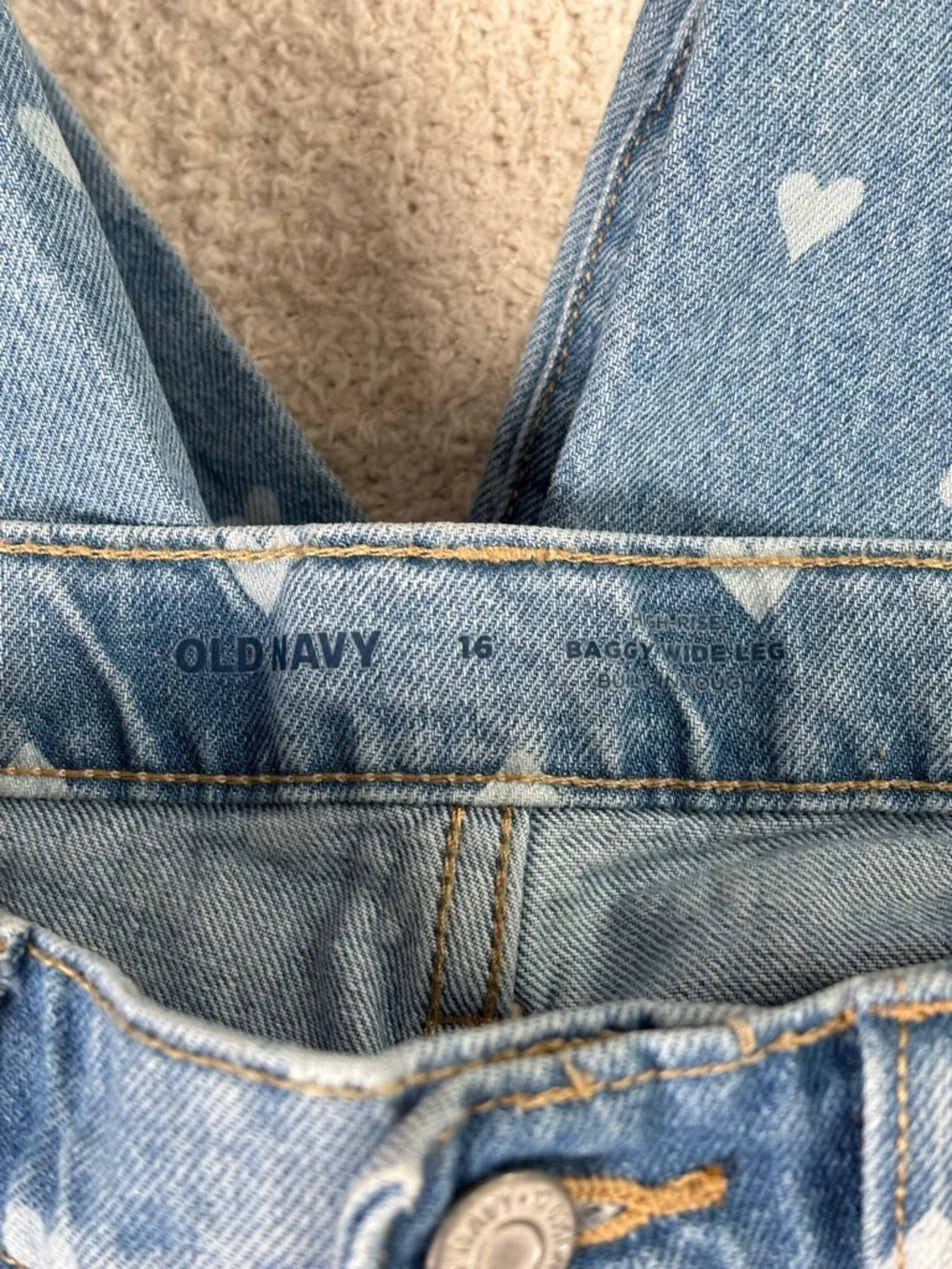 Old Navy Jean Girl 16 Blue Baggy Wide Leg Heart Print High Rise Adjustable Denim